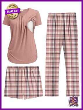 Maternity Nursing Pajama Set | 3 Piece Lounge Set with Shorts & Pants | Soft &
